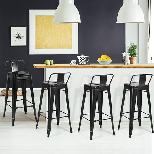 COSTWAY Metal Bar Stools Set of 4, with Removable Back, 30‘’ Bar Height with Rubber Feet, Stylish and Modern Chairs, for Kitchen, Dining Rooms, and Side Bar (Black, 30'')