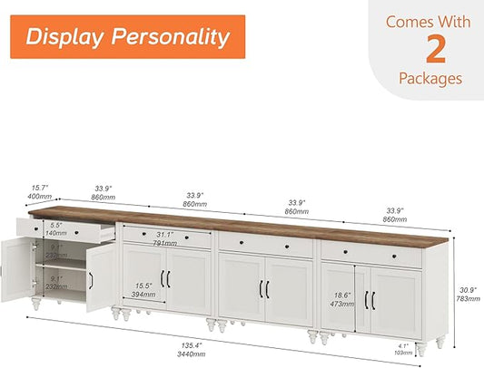 WAMAPT Buffet Cabinet with 8 Doors and 4 Drawers, Large Coffee Bar Table Wood Kitchen Storage Cabinets, Modern Farmhouse Sideboard Credenza for Dining Room, Off White