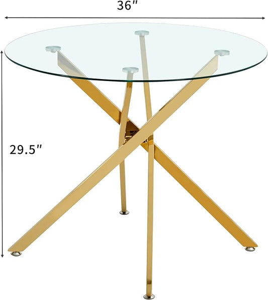 Round Dining Table, 36 Inch Glass Kitchen Table for 4 People, Tempered Glass Dinner Room Table with Gold X Metal Legs, Modern Circle Small Coffee Table for Home Dining Room Kitchen Restaurant