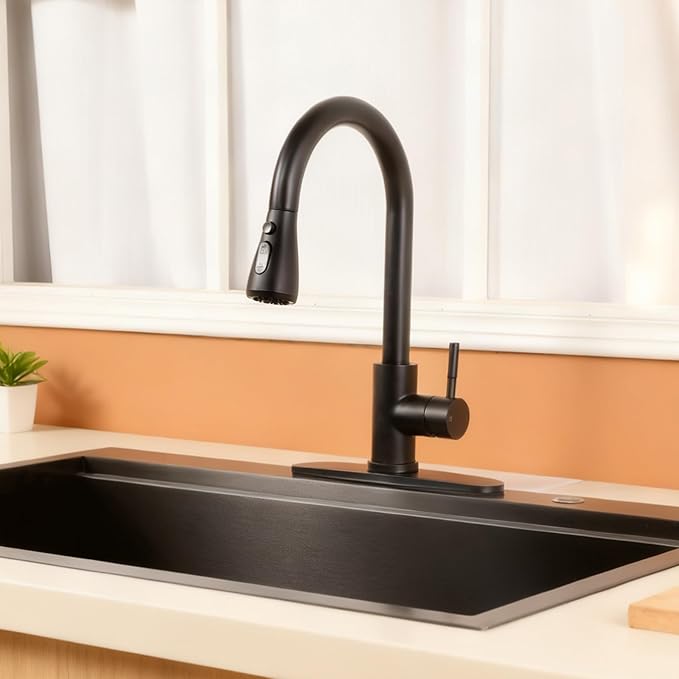Black Kitchen Faucet with Pull Down Sprayer, Single Handle Kitchen Faucet Matte Black, Stainless Steel Suitable for 1 or 3 Hole Sinks for Farmhouse, RV, Laundry, Bar, RC-KYT010B-D