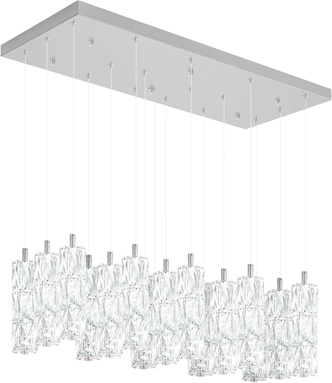 ykolupty Modern Rectangular Chandelier 16-Lights Crystal Chandeliers LED Dimmable Silver Linear Chandelier Flush Mount Crystal Pendant Light for Living Room Dining Room Foyer