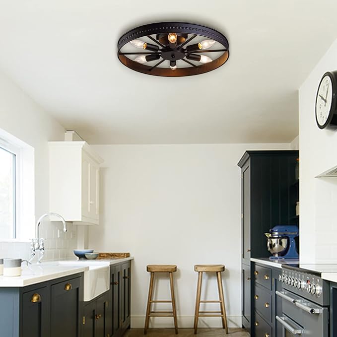 6-Lights Rustic Metal Ceiling Light Fixture Black Round Industrial Living Room Light Semi-Flush Mount Farmhouse Chandelier for Kitchen Island Dining Room Entryway Bedroom Hallway