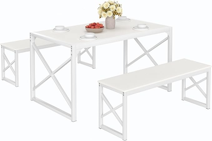 VECELO Kitchen Dining Table Benches Set for 4/6, 55" Wooden Dinette with 2 Benches, Large Embedded Desktop for Small Space, Breakfast Nook, White
