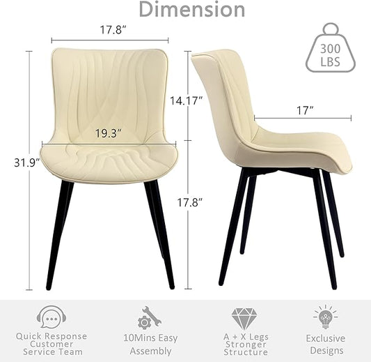 Kidol & Shellder Dining Chairs Set of 2, Mid Century Modern Kitchen Chairs with Black Metel Legs, PU Leather Upholstered Side Chair for Dining Room, Living Room, Lounge, Restaurant, Beige