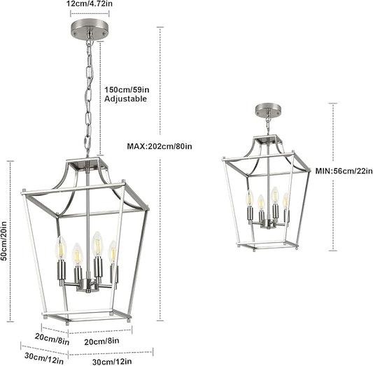 Lantern Pendant Lights, 12" Brushed Nickel Pendant Light Fixtures, 4-Light Adjustable Pendant Lighting for Kitchen Island Dining Room Living Room Foyer Stairway