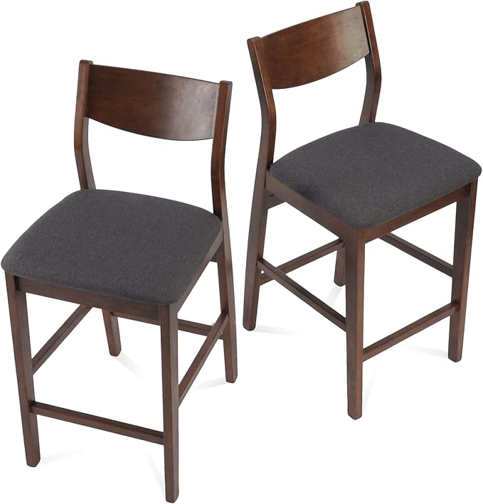 Counter Height Bar Stool Set of 2, Solid Wood Counter Height Chairs with Back, Mid-Century Upholstered Dining Chair with 24 Inches Seat Height, Kitchen, Dining Room, Brown