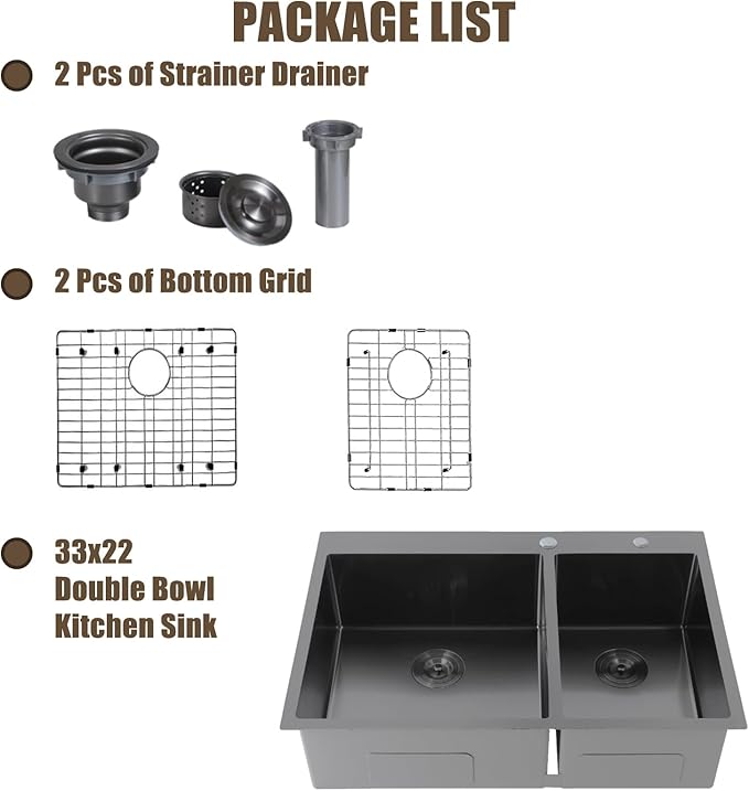 IKEBANA 33 Inch Black Double Kitchen Sink Drop In, 33x22 Inch 16 Gauge 304 Stainless Steel Topmount Kitchen sink, 60/40 Double Basin Workstation Sink With Accessories