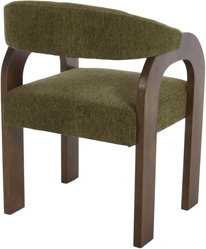 Farmhouse Dining Chairs Set of 2 - Upholstered Armchairs with Chenille Cushions & Curved Wooden Arms, Barrel Wood Kitchen Chairs for Dining Room/Cafe/Kitchen Island (Sage Green)