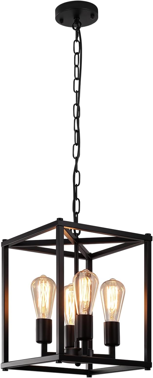 Black Chandelier Dining Room Light Fixtures,4-Light Farmhouse Chandelier Metal Cage Hanging Pendant Lighting Adjustable Height,Industrial Hanging Lights for Kitchen Island Dining Room Hallway Foyer