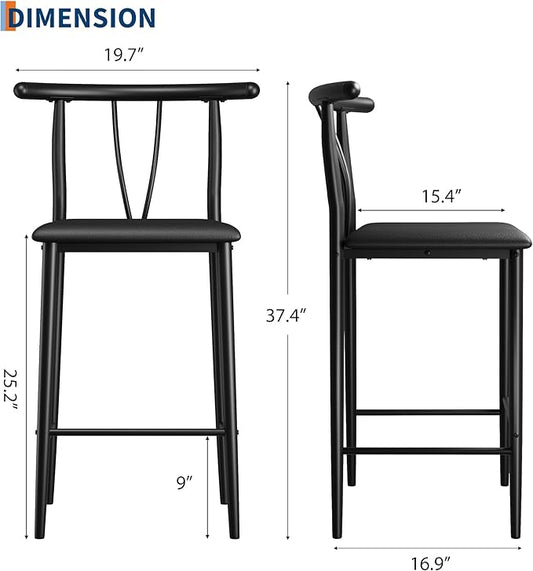 IDEALHOUSE 25.2" Bar Stools Set of 4 with Wide PU Upholstered Seat, Counter Height Bar Stools Set with Footrest & Curved Back, Metal Barstools Set for Kitchen Islands, Counter Bars, Black