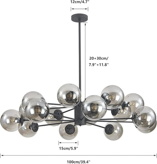 KCO Lighting Mid Century Modern Sputnik Chandelier Matte Black Smoke Gray Glass Sputnik Pendant Light 16-Light Globe Chandelier Farmhouse Kitchen Island Lighting Fixture (Black+Smoke Gray)