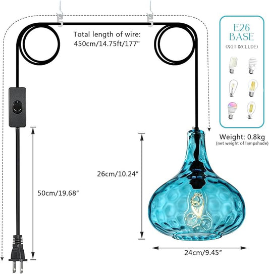 Mid-Century Modern Plug in Pendant Light Fixture,Blue Glass Pendant Lamp with 14.7 ft Cord Hammered Glass Globe Shade,Black Plug in Hanging Light for Bedroom Dining Living Room