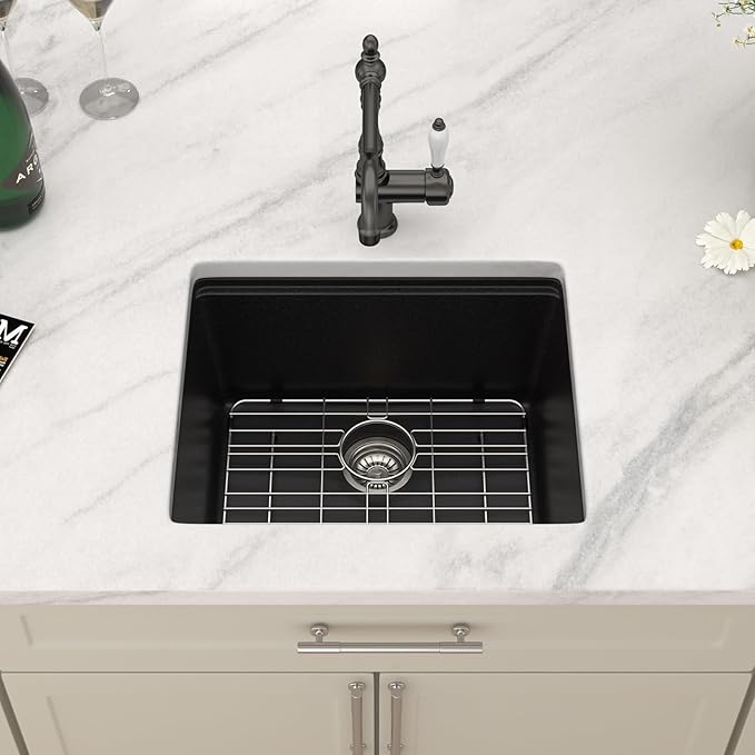 Dcolora 21 In. Black Granite Composite Small Kitchen Sink, Single Bowl Workstation Undermount Prep Sink, Quartz Bar Sink, 21"x18"x9.65" #DC-GBUS25472