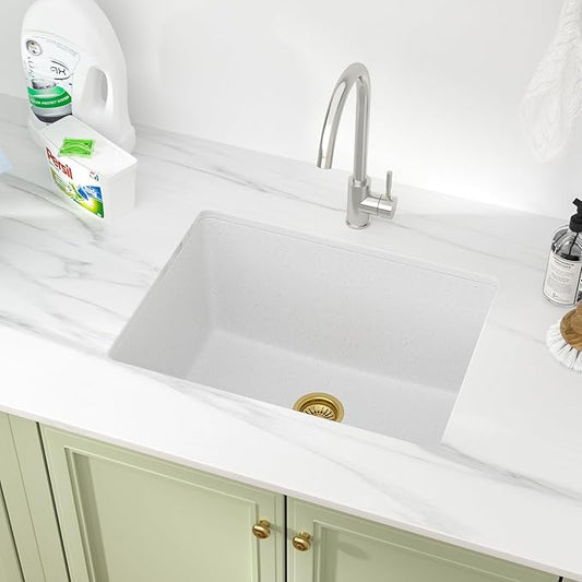 24 Inch Laundry Sink Undermount – 24 x 18 x 12 Inch Quartz Granite Composite White Utility Sink 12 Inch Granite Basin, Durable Single Bowl Deep Basin for Laundry Room