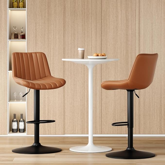 Bar Stools Set of 2, Swivel Adjustable Barstools, with Back Support, PU Leather Counter Height Bar Chairs for Kitchen Island Rustic Barstool, Brown (Brown + PU Leather + Foam)