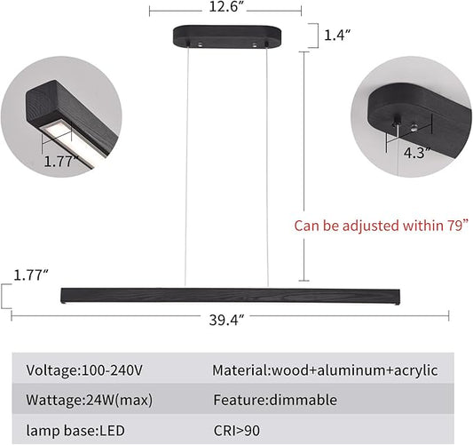 YISDESIGN 39" Black Linear Pendant Light Wooden Led Modern Linear Chandelier Ceiling Hanging Dimmable Pendant Lights for Dining Room Kitchen Island Pool Table Lights Black Wood Finish