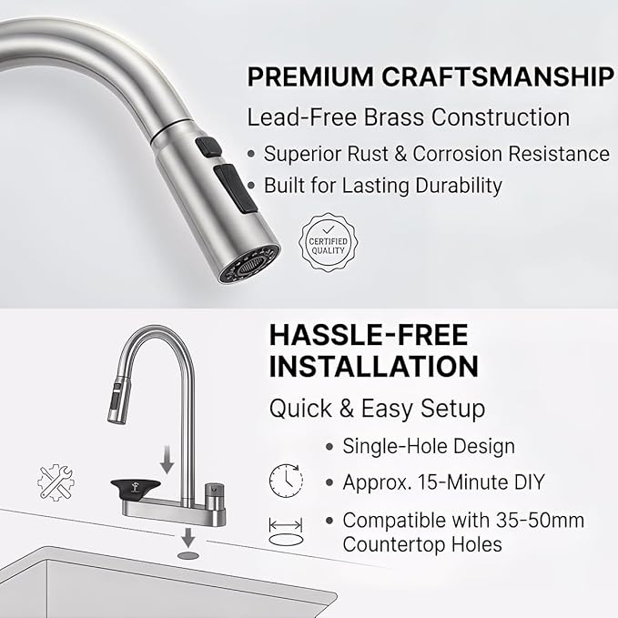 2-in-1 Kitchen Faucet with Pull Down Sprayer, 3 Spray Modes & Built-in Glass Rinser, Lead-Free Brass Single Handle, Brushed Nickel, Fits 1 or 3 Hole Sink, Suitable for Farmhouse Rv Bar