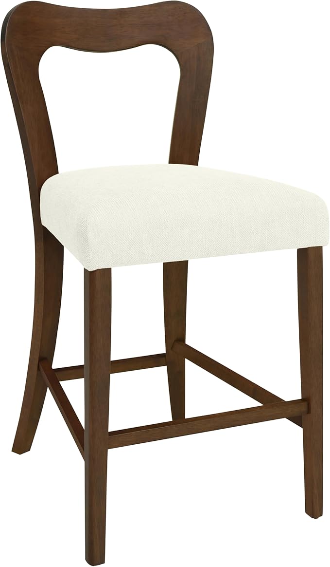 Counter Stools Without Arms Set of 2 (Walnut + Beige) - Solid Rubberwood Frame & Fabric Seat, Ergonomic Curved Back, 300LBS Capacity for Kitchen Island, Dining Room, Home Bar