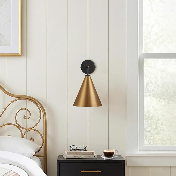 Vintage Modern Metal Conical Wall Sconce - Retro Gold Wall Lamp, Decorative Inspired Cone Black Wall Mount Lighting Fixture for Bedroom, Living Room, Hallway(9.8“L x 9.8" W x 12.5" H Gold)