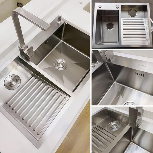 Laundry Utility Sink With Washboard Stainless Steel Kitchen Sink Household Pool Balcony Room Wash Basin Easy Clean Double-Bowl (600mm/23.6Inch)