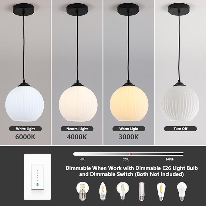 Contemporary Modern Pendant Lights Black Globe Pendant Lights Kitchen Island Vintage Milk White Glass Pendant Lighting Unique Ribbed Glass Ceiling Pendant Light (2 Pack)