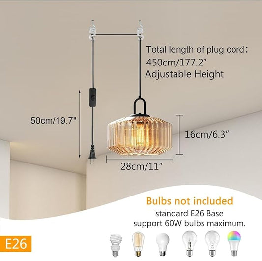 Plug in Pendant Lights Amber Glass Lampshade Large Globe Hanging Lamp Kitchen Island Mid Century Hanging Lamp with 14.7 ft Plug in Cord Swag Style Plug in Light Fixture for Living Room