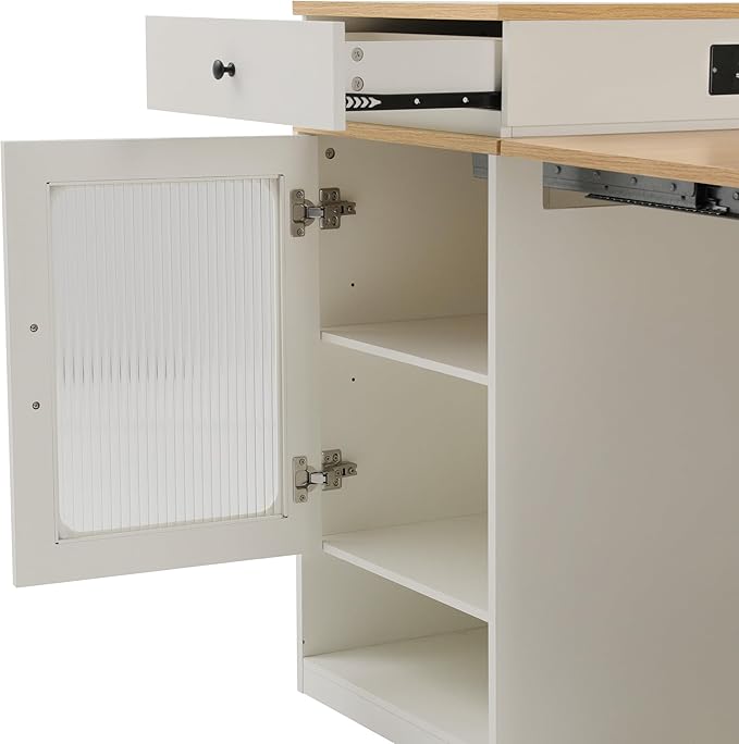 Polibi 59.5" Kitchen Island with Extendable Dining Table, 2 Drawers, Power Outlet (USB/C), Double-Sided Storage & Side Open Shelves,Kitchen Storage Table for Dining Room,White