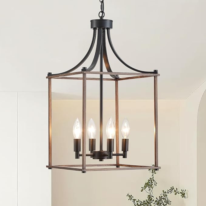 XINGQI Modern Farmhouse Chandeliers for Dining Room,4 Light Geometric Lantern Black Wood Grain Finish Cage Pendant Lighting Fixture 11.8" for Staircase Foyer Kitchen Entryway