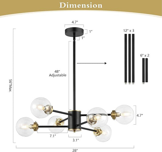 WINGBO 6-Light Sputnik Chandelier, Modern Pendant Light Fixture with 4.7" Clear Glass Globe Shade for Flat and Slop Ceiling, Height Adjustable for Kitchen Living Room Dining Room Bedroom, Black