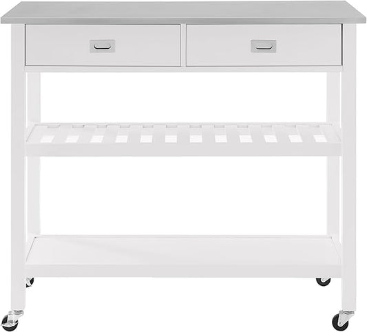 Crosley Furniture Chloe Stainless Steel Top Rolling Kitchen Island Storage Cart, Microwave Stand, Wine Rack, White