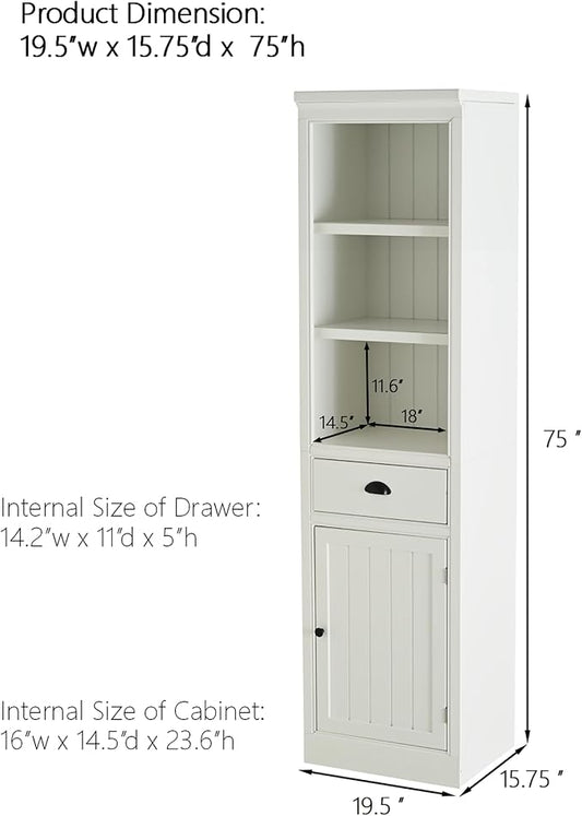 Merax 75" Tall Storage Cabinet 19.5" Narrow Cabinet with 1 Drawer & 1 Door & 2 Open Shelves, Retro White MDF Display Cabinet for Living Room Kitchen Bathroom Home Office