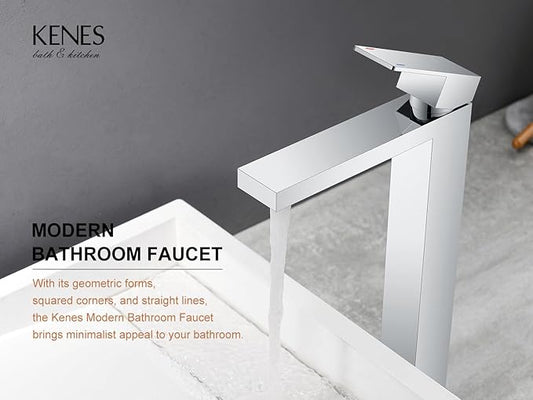 KENES Chrome Bowl Vessel Sink Facuet Single Handle Tall Bathroom Sink Faucet Bathroom Vanity Faucet Basin Mixer Tap with Water Supply Lines and Pop Up Sink Drain, LJ-9031A-5