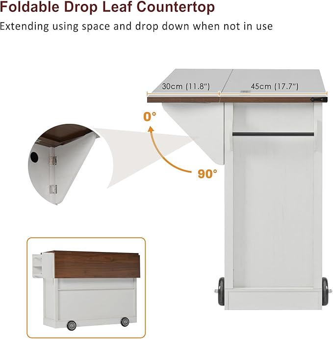 54" Farmhouse Kitchen Island Table with Drop Leaf, Power Outlet, Kitchen Storage Cart with 2 Doors, 2 Drawers, Rolling Kitchen Island on 4 Large Wheels with Spice Rack for Kitchen, Dining Room, White