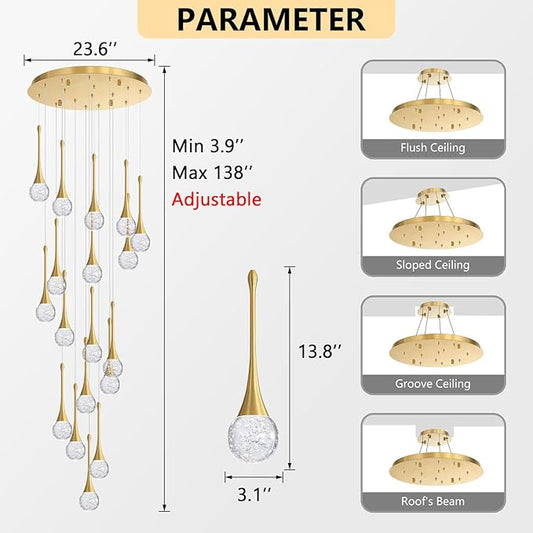 18 Light Modern Glam Crystal Chandelier for High Ceiling LED Dimmable Ceiling Pendant Light Staircase Foyer Enterway Living Room Chandelier Lighting Antique Gold