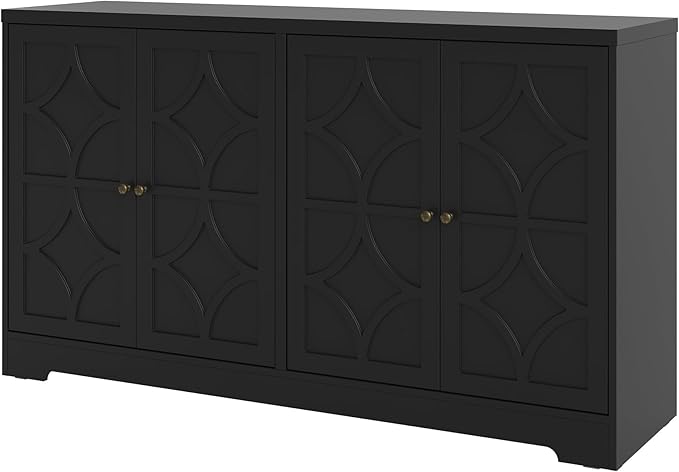 RoyalCraft Sideboard Buffet Cabinet with Storage, 56" Modern Sideboard with 4 Carved Doors and Adjustable Shelves, Large Wood Coffee Bar Console Table for Kitchen, Dining Room, Living Room, Black