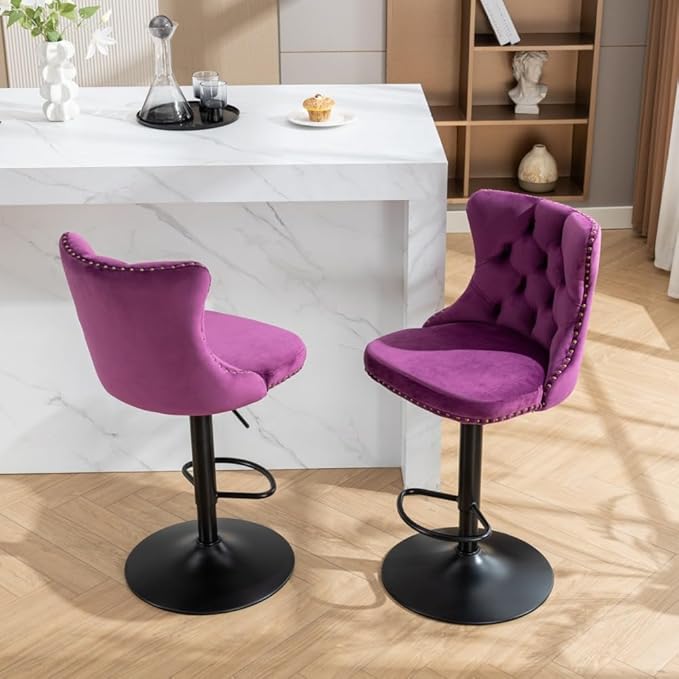 17.7 inch Base, Modern Upholstered Bar Stools with Backs Comfortable Tufted for Home Pub and Kitchen Island,Gray,Set of 2 (Purple + Velvet + Foam-1)