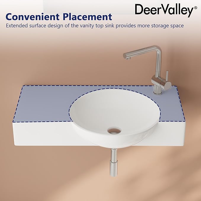 DeerValley 30"x18" Wall Mounted Bathroom Vessel Sink, White Modern Modern Floating or Countertop bathroom sink,Lavatory Vessel Sink,Porcelain Ceramic Right Side Wall Hung Sink