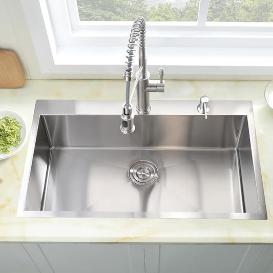 33 Inch Drop in Kitchen Sink, 33x19 Kitchen Sink Drop In Stainless Steel Top Mount Sinks 16 Gauge Single Bowl Deep Basin with Drain Strainer