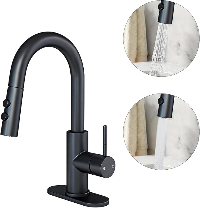 Fransiton Bathroom Faucets with Pull Down Sprayer, Bar Sink Faucet Single Hole for Kitchen Campers with Pop-Up Drain Hose, Suitable for Farmhouse Vanity Lavatory
