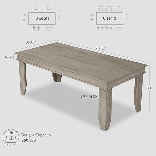 GarveeHome Farmhouse Dining Table for 6-8 People, 71 in Long Kitchen Tables with Wooden Sturdy Frame, 6 ft Large Rectangular Dinner Table for Dining Room, Kitchen, Grey, 71" Non-extendable
