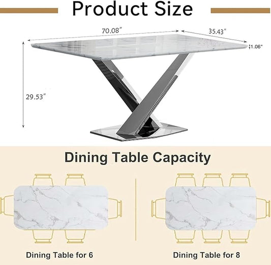 70 in Faux Marble Dining Table for 4 6 8, Modern White Silver Kitchen & Dining Room Table with X-Shape Stainless Steel Pedestal, Luxury Rectangular Large Dinner Table for Kitchen Home