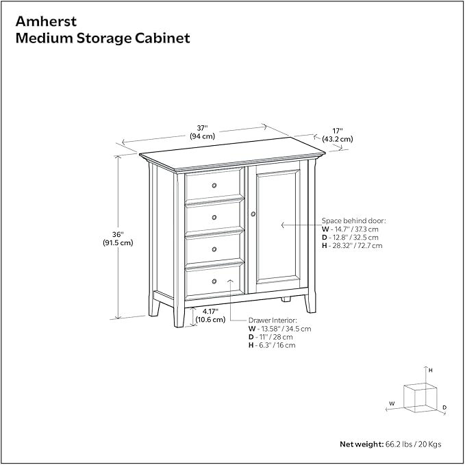 SIMPLIHOME Amherst 37-inch Wide Solid Wood Transitional-Style Storage Cabinet in Hickory Brown, Cabinet with 4 Drawers and Adjustable Shelves for Living Room or Entryway