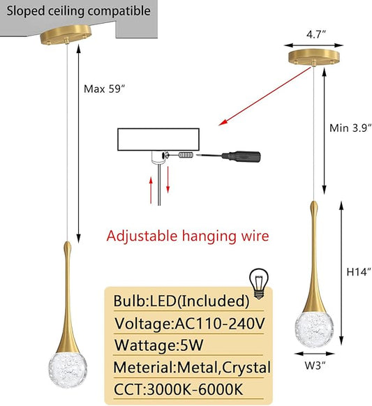 Modern Pendant Lights for Kitchen Island LED Dimmable Crystal Glam Ceiling Pendant Lighting for Dining Room Hallway Bedroom Corner Lamp Antique Gold