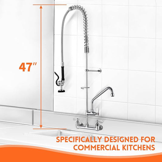 47" Height Commercial Kitchen Sink Faucet Wall Mount with Pre-Rinse Sprayer, 8 inch Center Wall Mount Faucet with Spring Pull Down Sprayer and 12" Add-on Spout for Restaurant