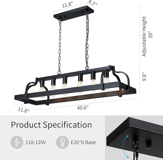 WUZUPS 6-Light Metal Pot Hanging Rack Chandelier Linear Pendant Ceiling Lighting Rustic Farmhouse Fixture Kitchen Island Dining Room, H 9.8" L 40.6" W11.8, E26 Base, Black