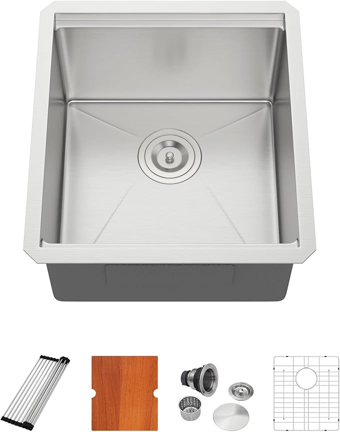 Dcolora 17 In. Undermount Bar Sink Single Bowl Workstation, Round Corner Stainless Steel Prep Sink for RV Camper, 16 Gauge, 17"x19"x10" #DC-U7735