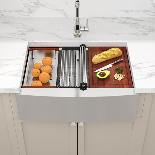 Sarlai 33 Farmhouse Sink Double Bowl - 33x22 Inch Farmhouse Kitchen Sink Ledge Workstation Low Divide Double Bowl 60/40 16 Gauge Stainless Steel Farm Sinks Basin