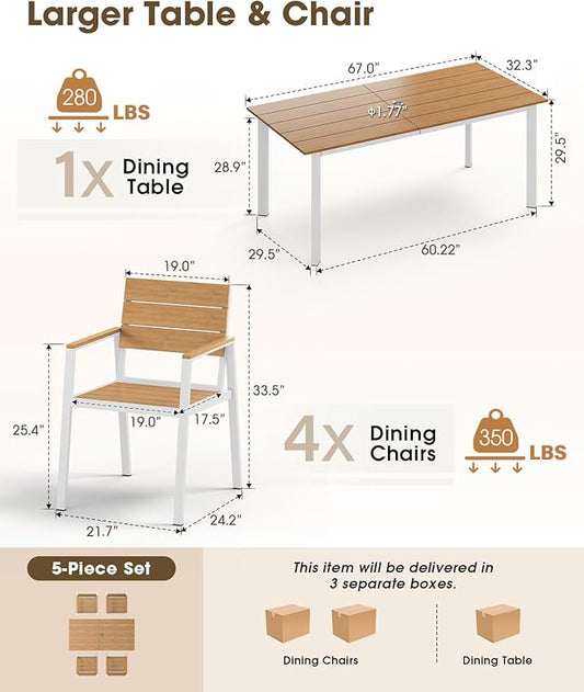 Outdoor Dining Set for 4, Aluminum Patio HDPS Outdooor Table and Chairs Set with Umbrella Hole, All Weather Patio Furniture Set, 5 Peice Patio Dining Table Set (White & Teak)