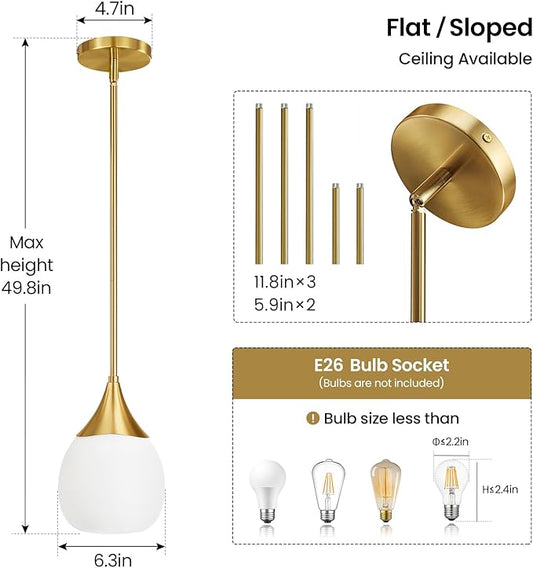 Kitchen Island Pendant Light: Mid Century Brushed Gold Hanging Light Fixtures with Milky Glass Globe - 6 Inch Farmhouse Chandeliers Ceiling Lighting for Dining Room