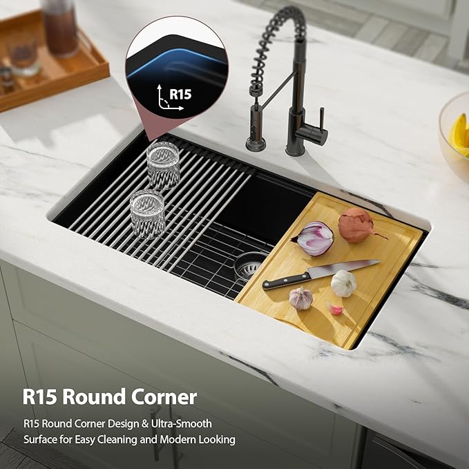 Dcolora Matte Black Quartz Kitchen Sink 33” Undermount Single Bowl, Workstation Design with Accessories, Durable Heat & Scratch Resistant Granite Sink #DC-GU7743